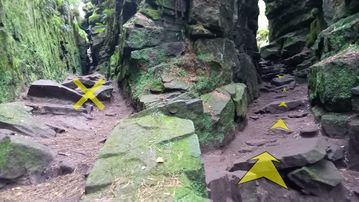 A photo of step 17 of the Lud's Church Walk route, with yellow arrows superimposed to show the way.