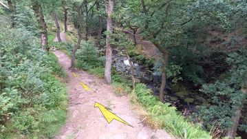 A photo of step 26 of the Lud's Church Walk route, with yellow arrows superimposed to show the way.
