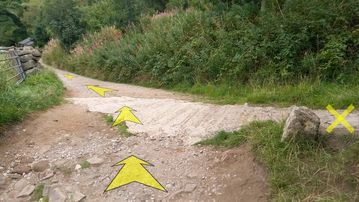A photo of step 33 of the Lud's Church Walk route, with yellow arrows superimposed to show the way.