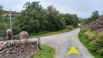 A photo of step 35 of the Lud's Church Walk route, with yellow arrows superimposed to show the way.