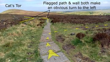A photo of step 13 of the Shining Tor Walk route, with yellow arrows superimposed to show the way.