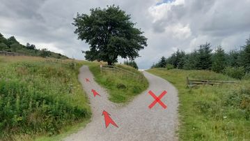 A photo of step 3 of the Shutlingsloe Walk route, with red arrows superimposed to show the way.