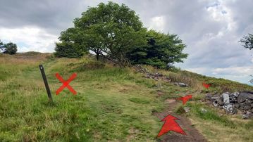 A photo of step 8 of the Shutlingsloe Walk route, with red arrows superimposed to show the way.
