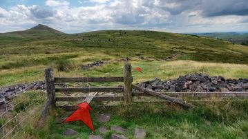 A photo of step 10 of the Shutlingsloe Walk route, with red arrows superimposed to show the way.