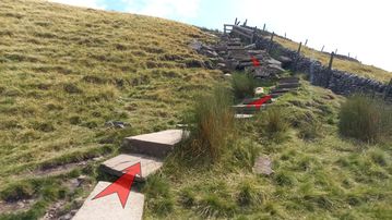 A photo of step 17 of the Shutlingsloe Walk route, with red arrows superimposed to show the way.