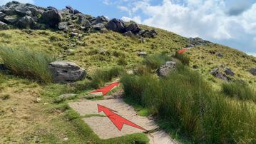 A photo of step 18 of the Shutlingsloe Walk route, with red arrows superimposed to show the way.