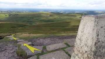 A photo of step 20 of the Shutlingsloe Walk route, with yellow arrows superimposed to show the way.