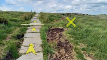 A photo of step 21 of the Shutlingsloe Walk route, with yellow arrows superimposed to show the way.