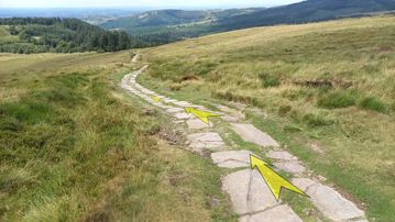 A photo of step 22 of the Shutlingsloe Walk route, with yellow arrows superimposed to show the way.
