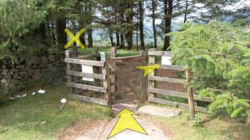 A photo of step 23 of the Shutlingsloe Walk route, with yellow arrows superimposed to show the way.