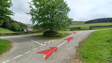 A photo of step 2 of the Three Shires Head Walk route, with red arrows superimposed to show the way.
