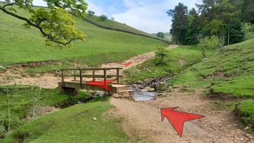 A photo of step 4 of the Three Shires Head Walk route, with red arrows superimposed to show the way.