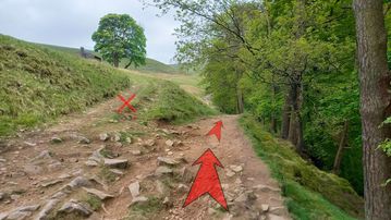 A photo of step 6 of the Three Shires Head Walk route, with red arrows superimposed to show the way.