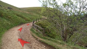 A photo of step 9 of the Three Shires Head Walk route, with red arrows superimposed to show the way.