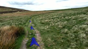 A photo of step 23 of the Three Shires Head Walk route, with blue arrows superimposed to show the way.