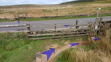 A photo of step 26 of the Three Shires Head Walk route, with blue arrows superimposed to show the way.