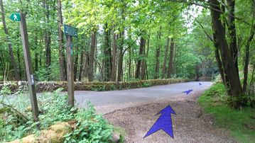 A photo of step 31 of the Three Shires Head Walk route, with blue arrows superimposed to show the way.