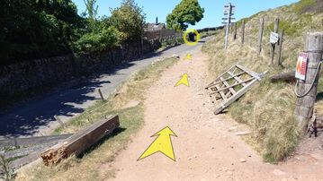 A photo of step 22 of the Three Shires Head Walk route, with yellow arrows superimposed to show the way.