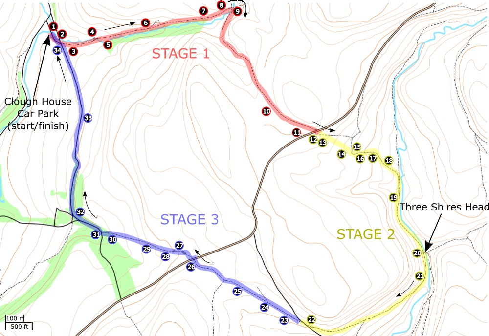 Numbers refer to the numbered steps in the walk description. Click the map to enlarge. A route map for the Three Shires Head Walk.